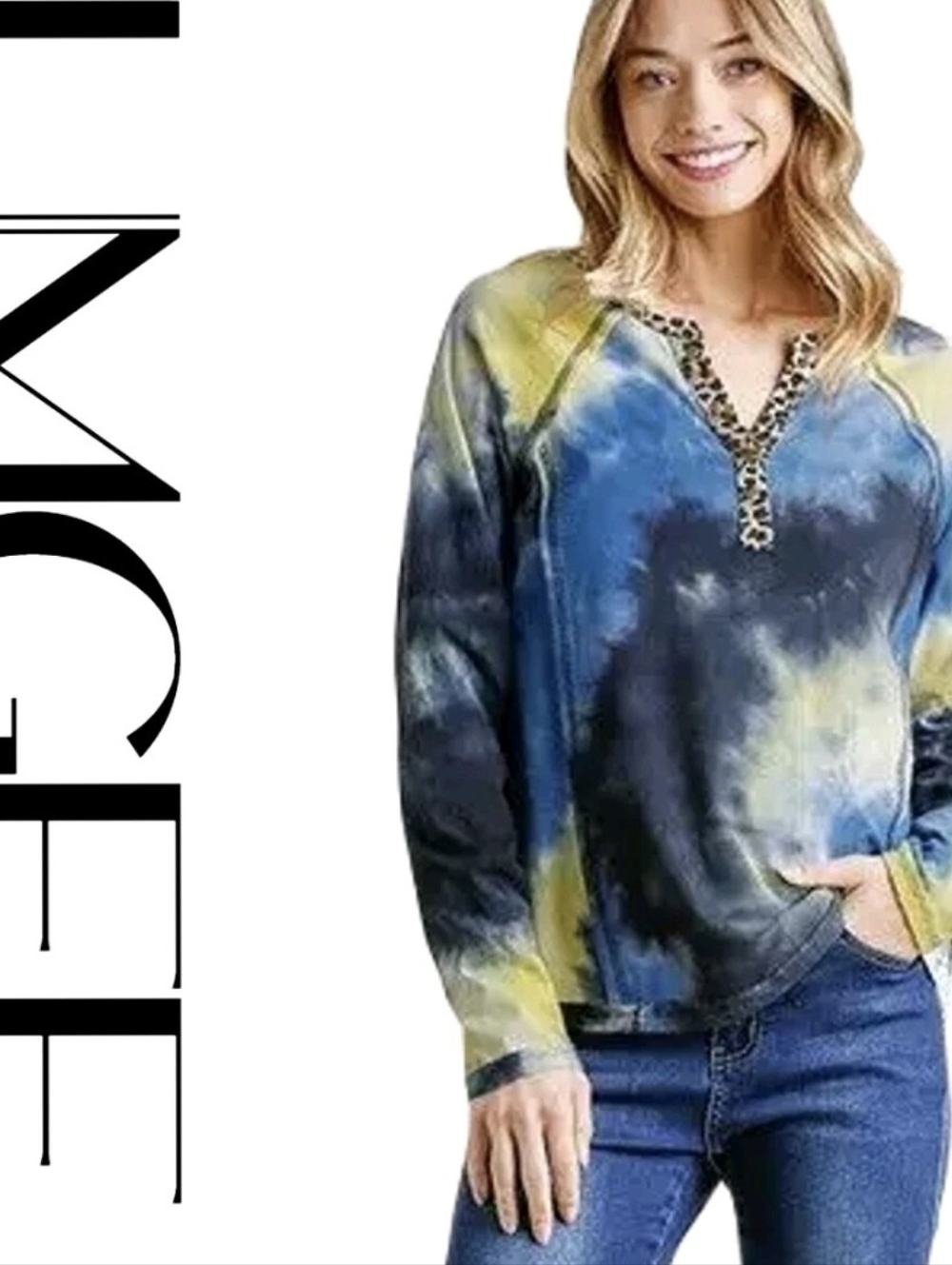 UMGEE Blue Tie-Dye V-Neck Pullover with Leopard Trim
